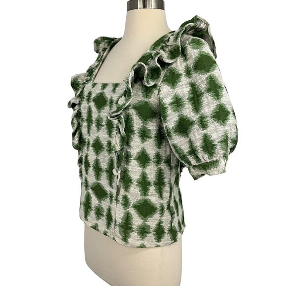 Sezane Ezecquiel Blouse Green Ikat Size EU 34 Ruffles 1/2 Sleeve Buttons Womens - Picture 4 of 11